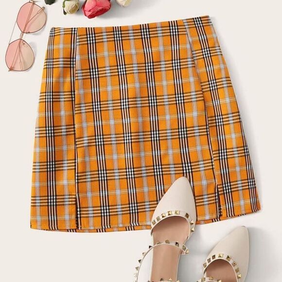 Shein Women's Plaid Skirt High Waist Split Front Zip Up Mini Bodycon Skirt - Picture 1 of 9